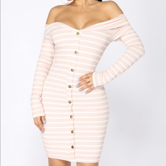 Fashionnova striped pink white off shoulder dress - Picture 3 of 8